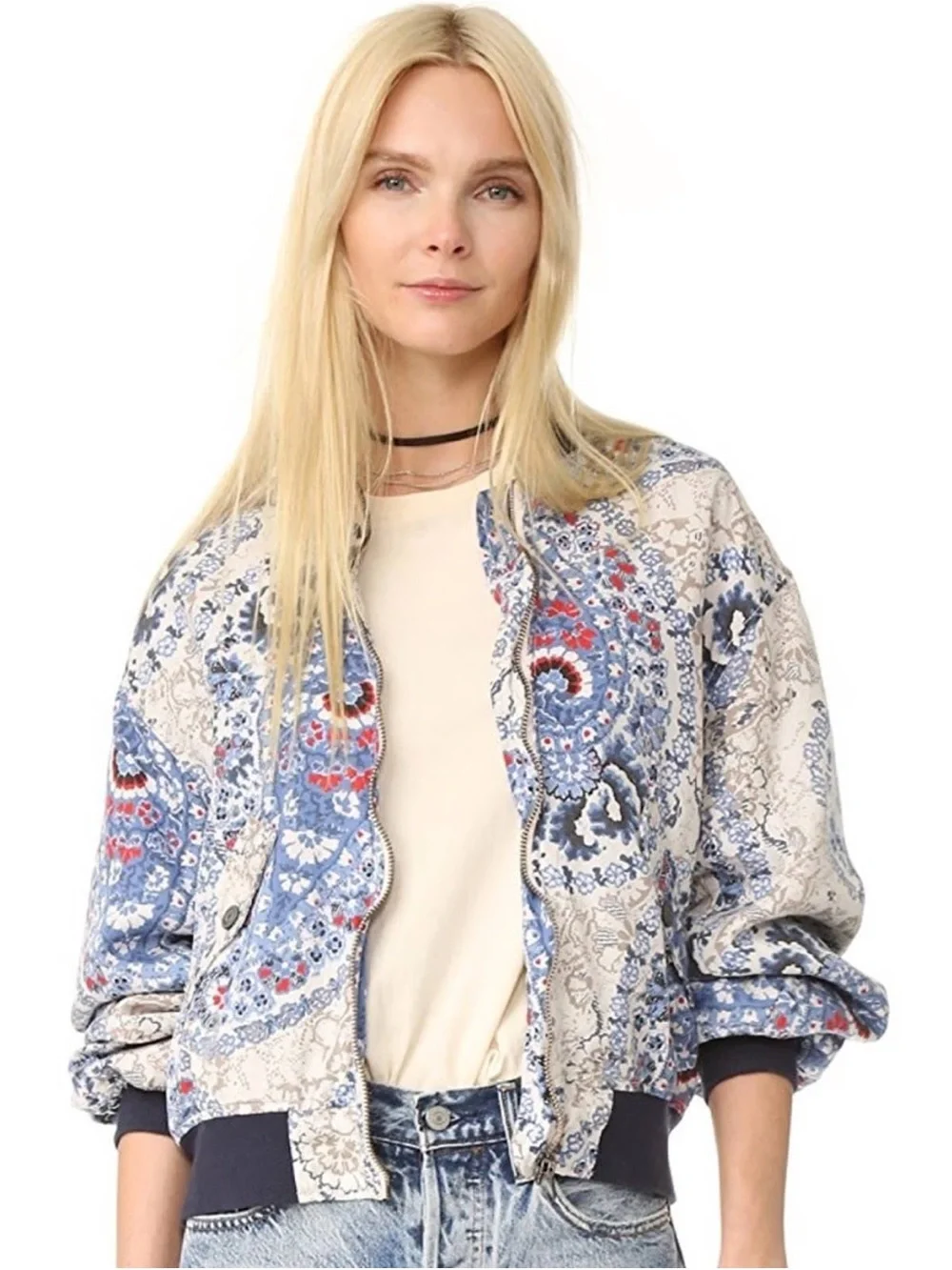 Free People Daytrip Paisley Print Quilted Full Zip Up Bomber Jacket 25584